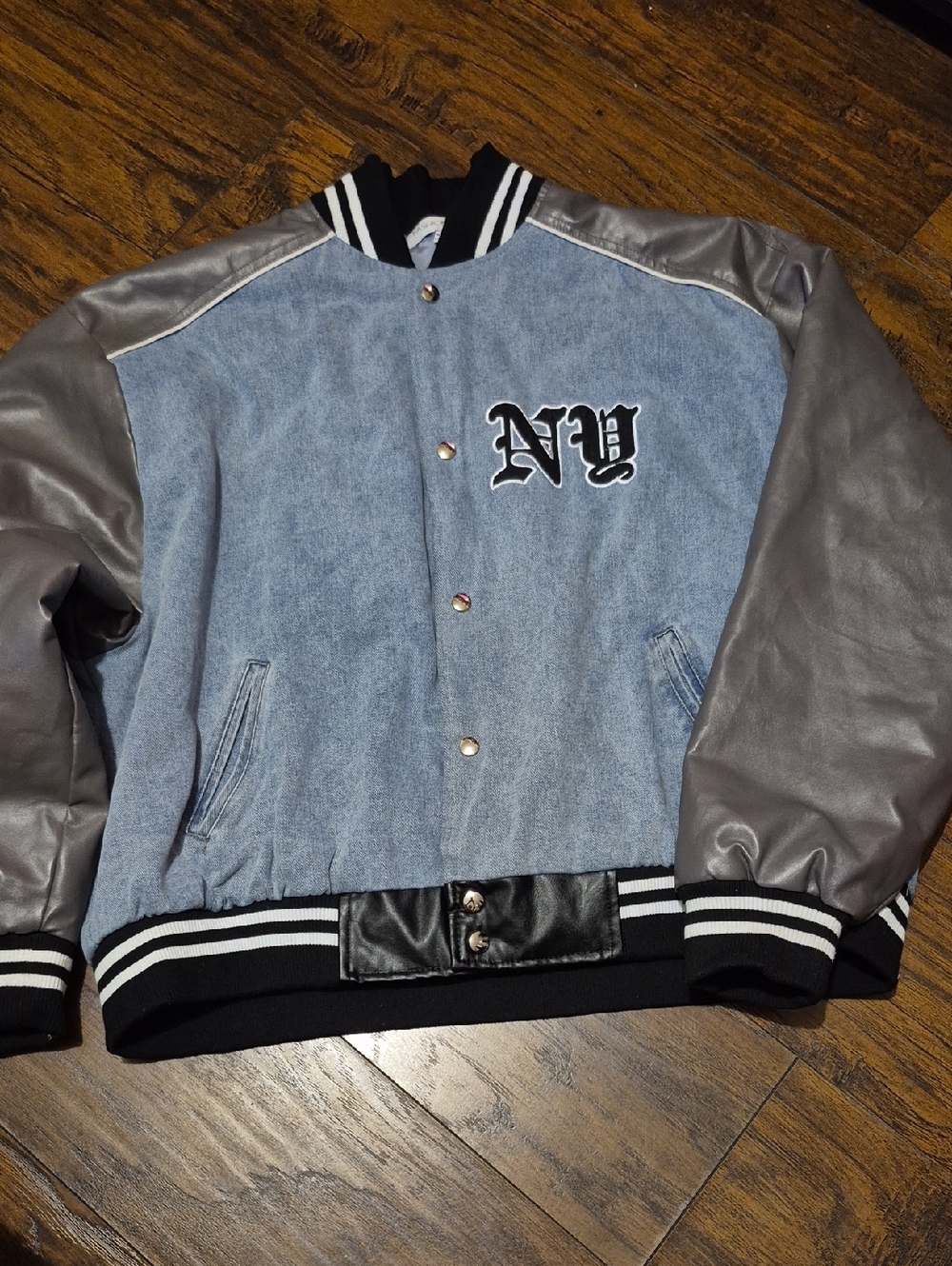 Fashion Nova Men's Light Blue and Gray Varsity Jacket